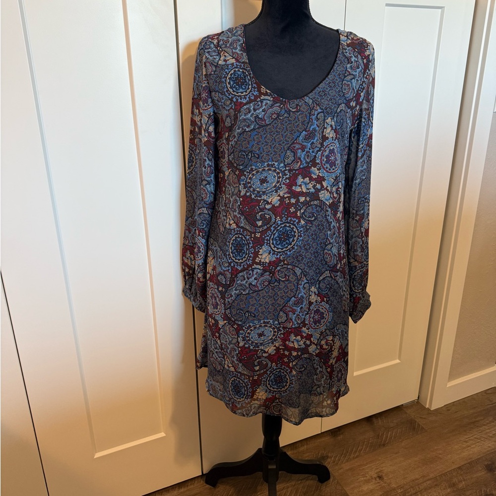 Roper Long Sleeve Dress with Paisley Pattern - Blue and Burgundy